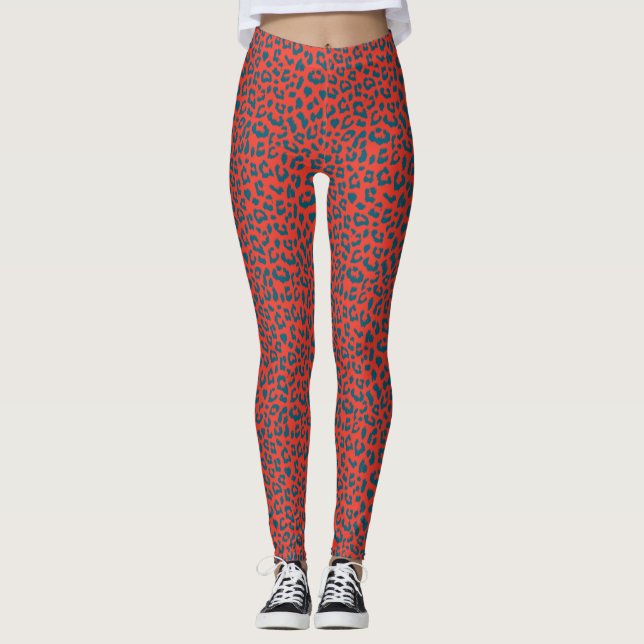 Leopard Patterned Leggings - Slate Blue on Red (Front)