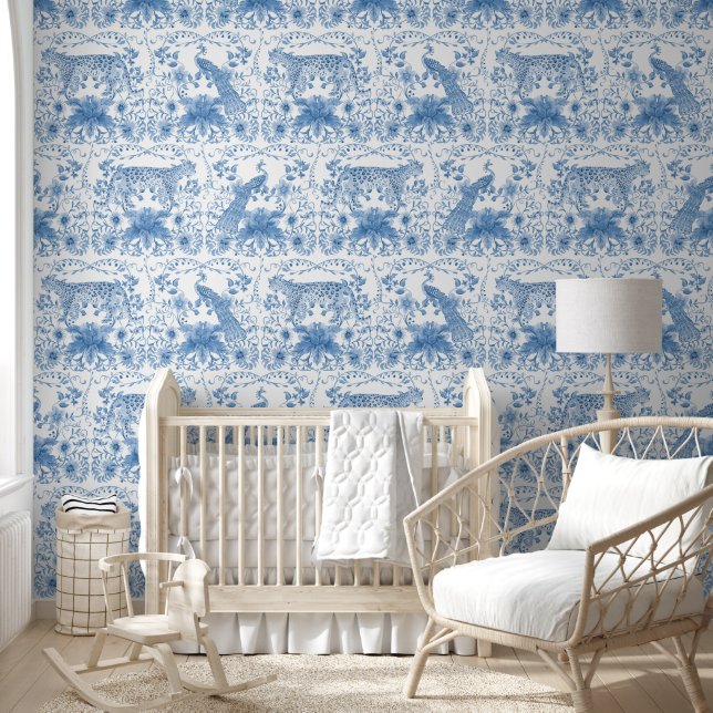 Leopard Peacock Blue and White Chinoiserie Floral Wallpaper (Kids)