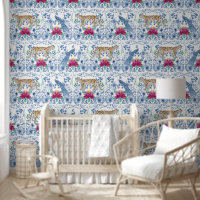 Leopard Peacock Chinoiserie Floral Blue and White