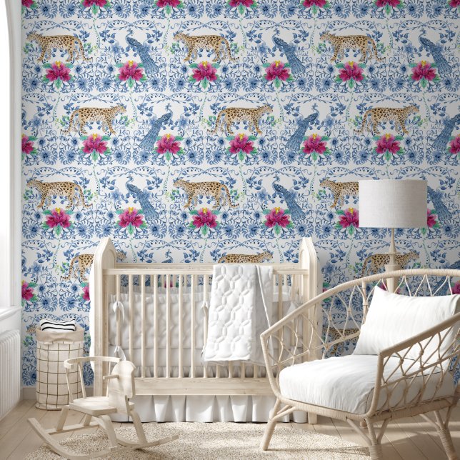 Leopard Peacock Chinoiserie Floral Blue and White  Wallpaper (Kids)