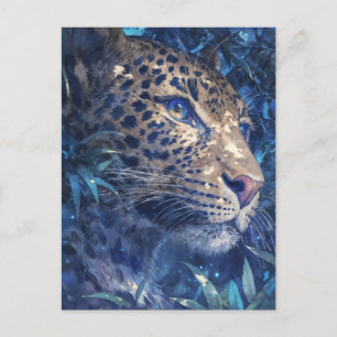 Leopard Peeking Through Indigo Watercolor Jungle Postcard