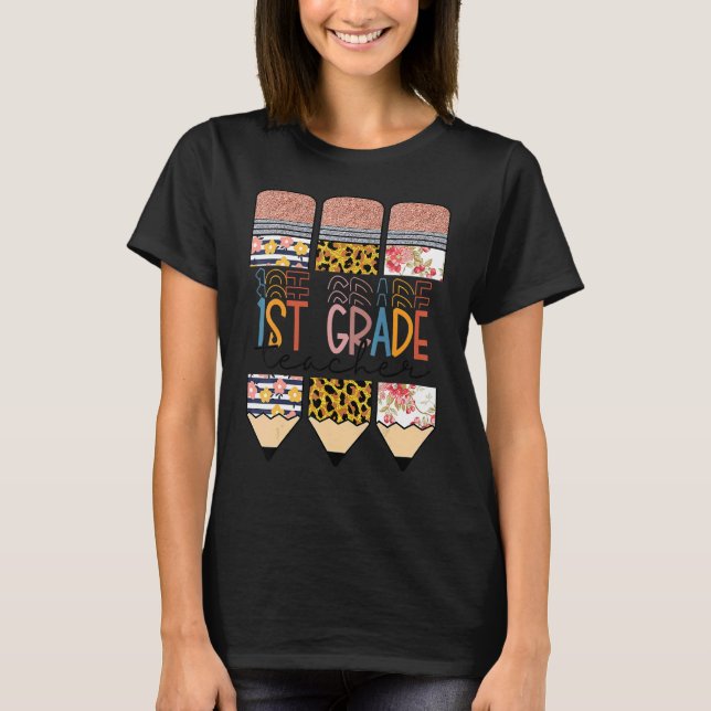 Leopard Pencil Third Grade Teacher Happy First Day T-Shirt (Front)