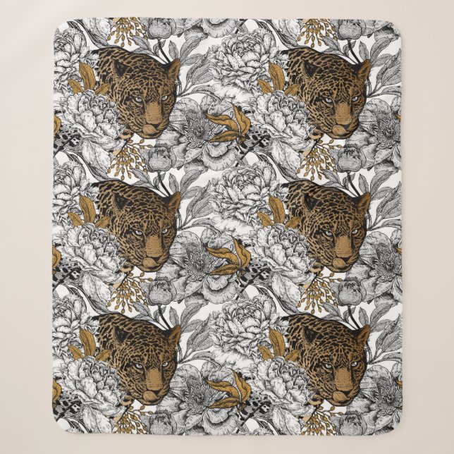 Leopard & Peonies Pattern Sherpa Blanket (Front)
