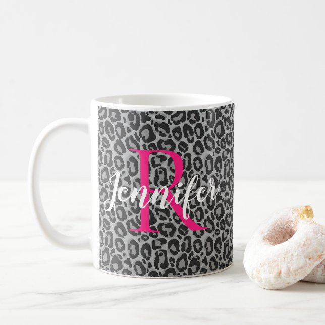 Leopard Personalise Hot Pink Monogram & Name Coffee Mug (With Donut)