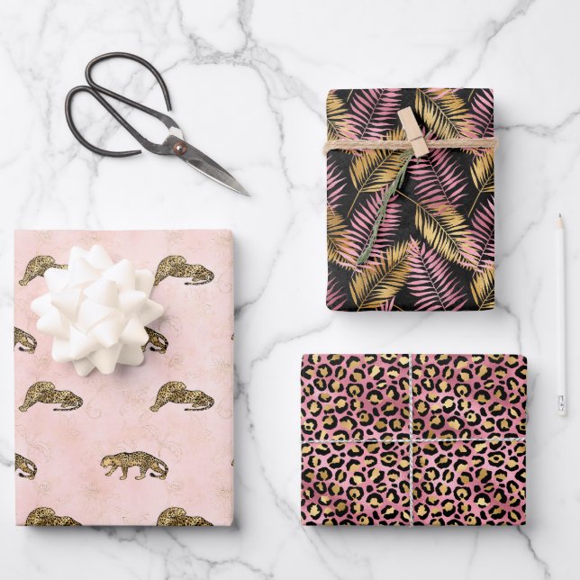 Leopard Pink and Gold Jungle Pattern Wrapping Paper Sheet (Front)