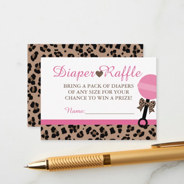 Leopard & Pink Baby Diaper Raffle Insert Cards (Front/Back In Situ)