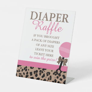Leopard & Pink Baby Shower Diaper Raffle Display Pedestal Sign