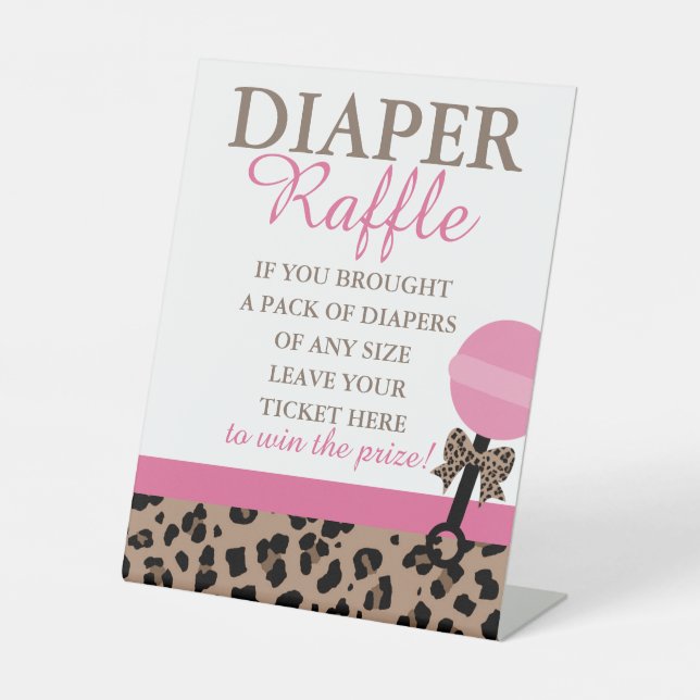 Leopard & Pink Baby Shower Diaper Raffle Display Pedestal Sign (Front)
