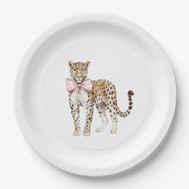 Leopard Pink Bow Birthday Paper Plate (Front)