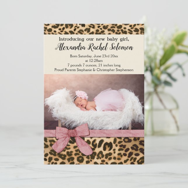 Leopard Pink Bow Girl Baby Birth Announcement (Standing Front)