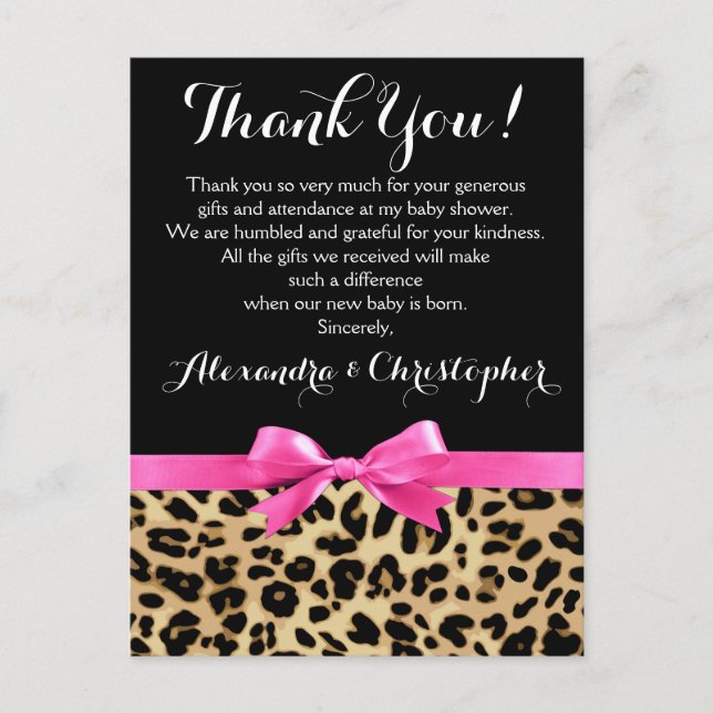 Leopard Pink Bow Girl Safari Baby Shower Thank You Postcard (Front)