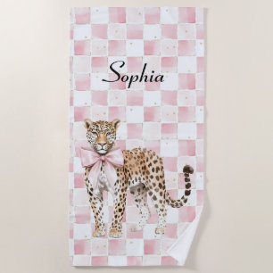 Leopard Pink Bow Squares Beach Towel
