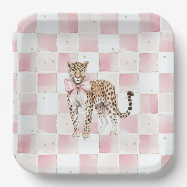 Leopard Pink Bow Squares Birthday Paper Plate (Front)