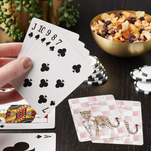 Leopard Pink Bow Squares Playing Cards (In Situ)