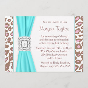 Leopard Pink Brown Teal 21st Birthday Party Invitation