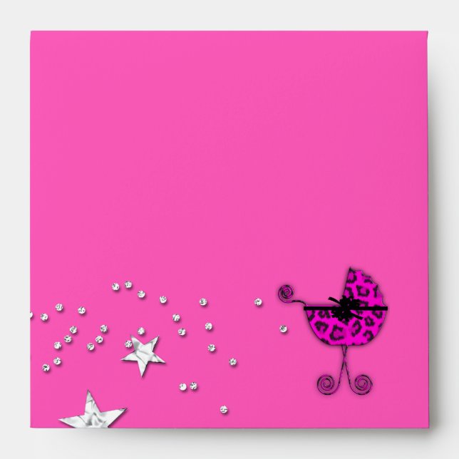 Leopard Pink Pram Stars Baby Shower Envelopes (Front)