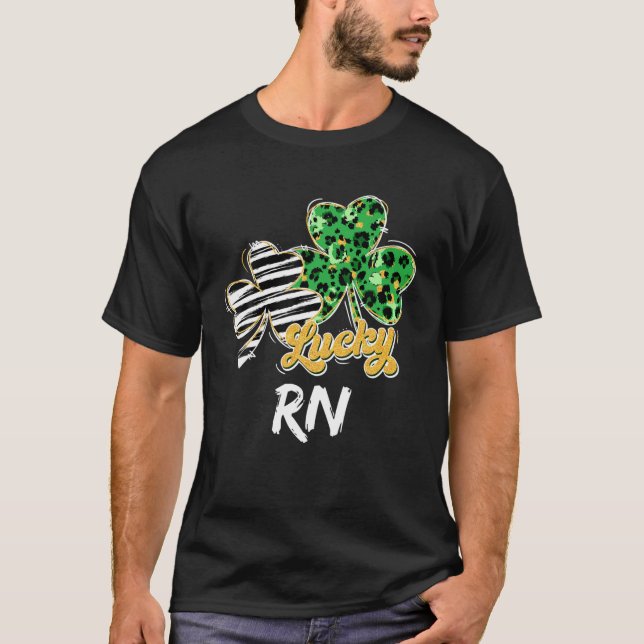Leopard Plaid Shamrock Lucky RN Nurse Funny St Pat T-Shirt (Front)
