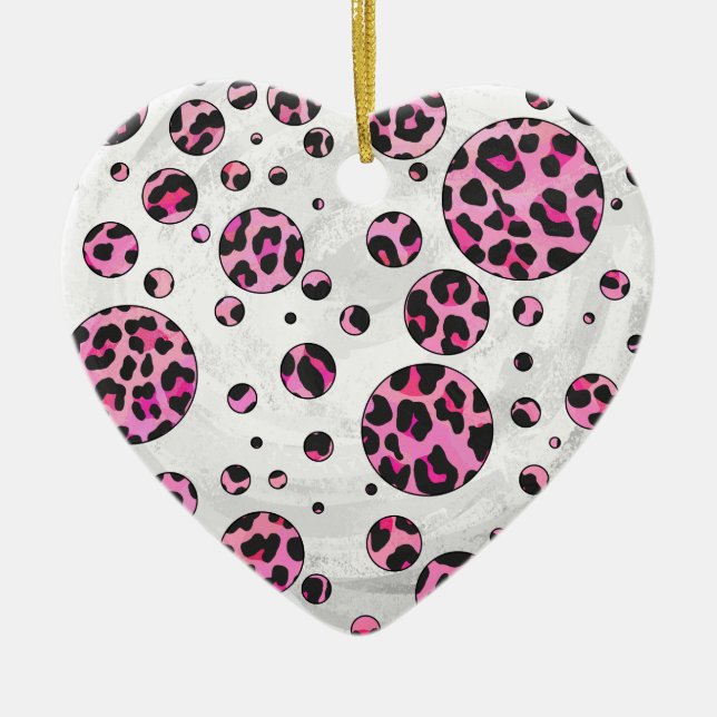 Leopard Polka Dot Black and Hot Pink Print Ceramic Tree Decoration (Front)