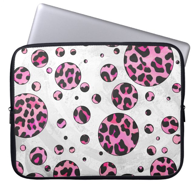 Leopard Polka Dot Black and Hot Pink Print Laptop Sleeve (Front)