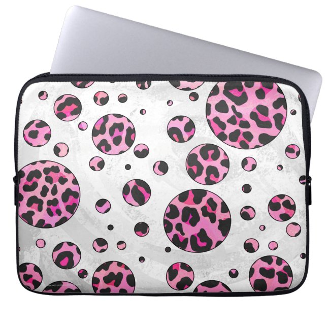 Leopard Polka Dot Black and Hot Pink Print Laptop Sleeve (Front)