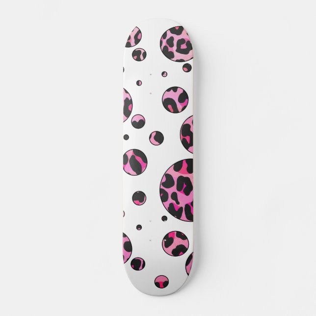 Leopard Polka Dot Black and Hot Pink Print Skateboard (Front)