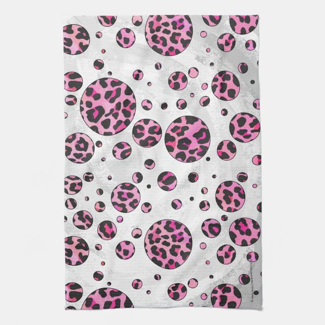 Leopard Polka Dot Black and Hot Pink Print Tea Towel (Vertical)