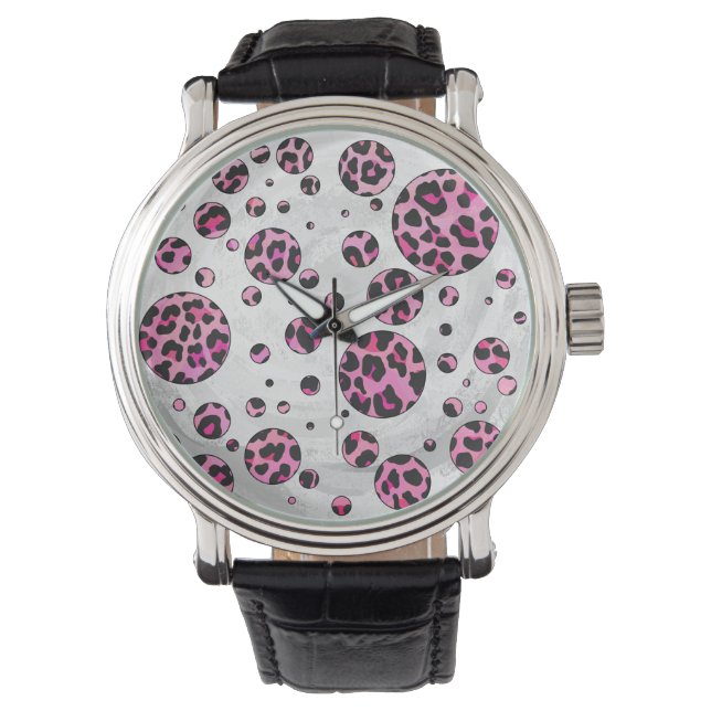 Leopard Polka Dot Black and Hot Pink Print Watch (Front)