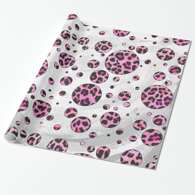 Leopard Polka Dot Black and Hot Pink Print Wrapping Paper (Unrolled)