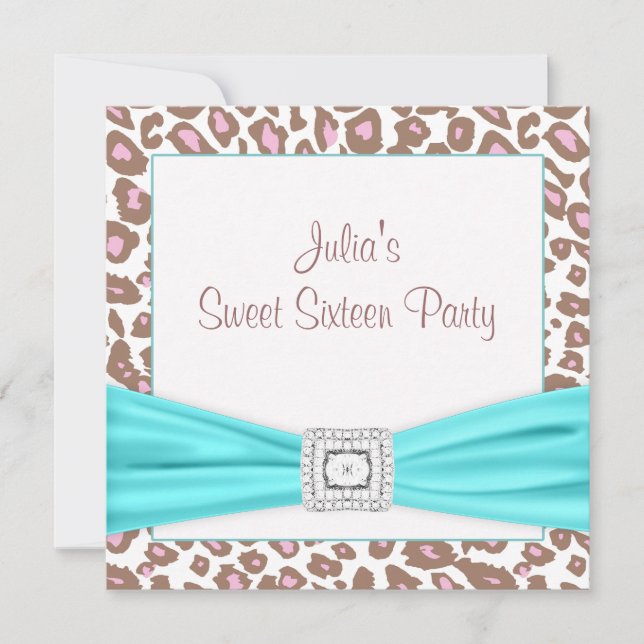 Leopard Posh Pink Teal Diamond Sweet Sixteen Invitation (Front)