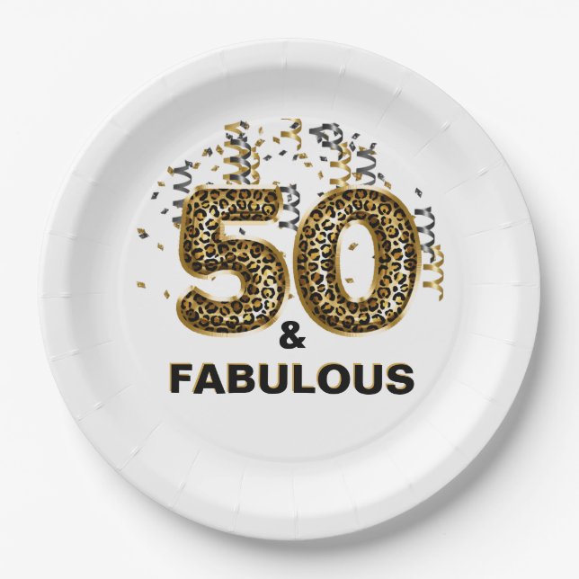 Leopard Print 50 and Fabulous Foil Balloon Paper Plate (Front)