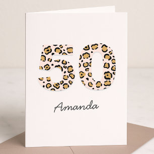 Leopard Print 50   Modern Cute Name 50th Birthday Card