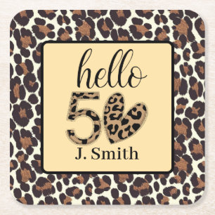 Leopard print 50th Birthday Square Paper Coaster