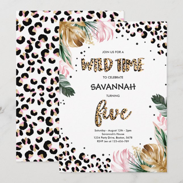 Leopard Print 5th Birthday Safari Jungle Party Invitation (Front/Back)