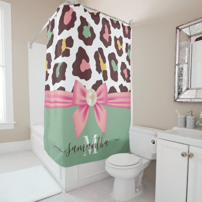Leopard Print and Bow Shower Curtain (In Situ)