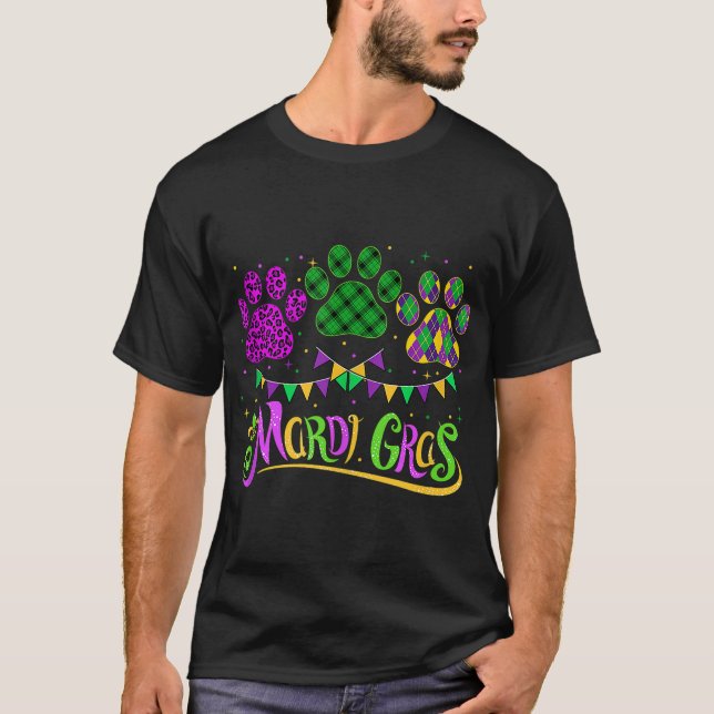 Leopard Print And Buffalo Plaid Dog Paw Mardi Gras T-Shirt (Front)
