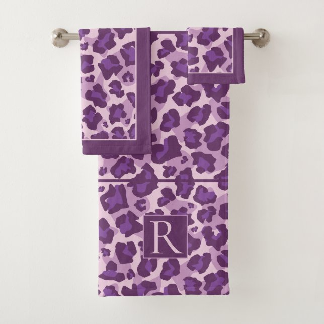 Leopard print and monogram in purple tones bath towel set (Insitu)