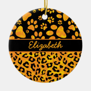 Leopard Print and Paws Orange Yellow Personalised Ceramic Tree Decoration