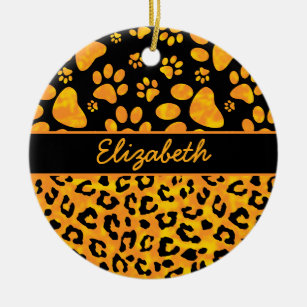 Leopard Print and Paws Orange Yellow Personalised Ceramic Tree Decoration