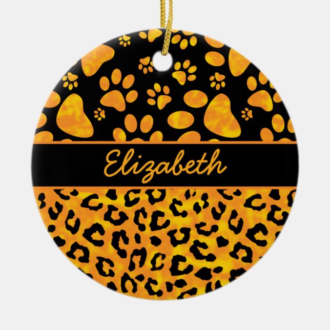 Leopard Print and Paws Orange Yellow Personalised Ceramic Tree Decoration (Front)
