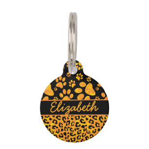 Leopard Print and Paws Orange Yellow Personalised Pet Tag