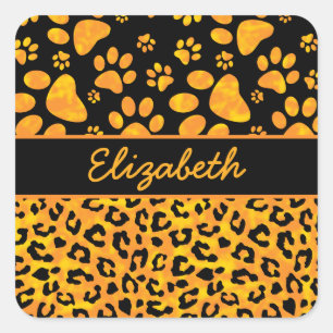 Leopard Print and Paws Orange Yellow Personalised Square Sticker