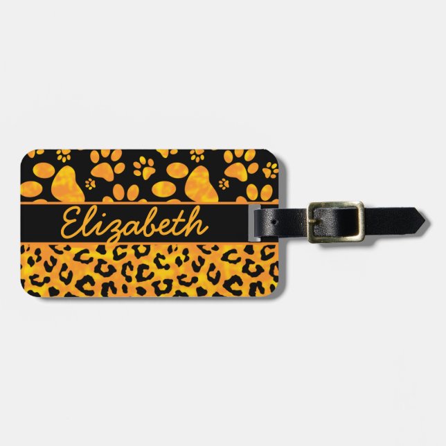 Leopard Print and Paws Personalised Address Luggage Tag (Front Horizontal)