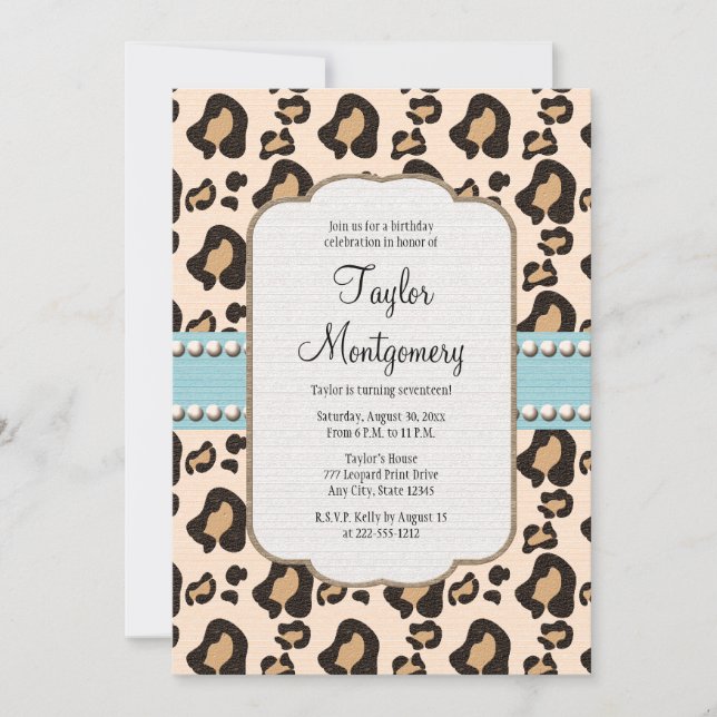 Leopard Print and Pearl Birthday Invitation Blue (Front)