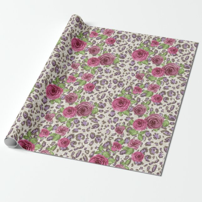 Leopard Print and Roses Wrapping Paper (Unrolled)