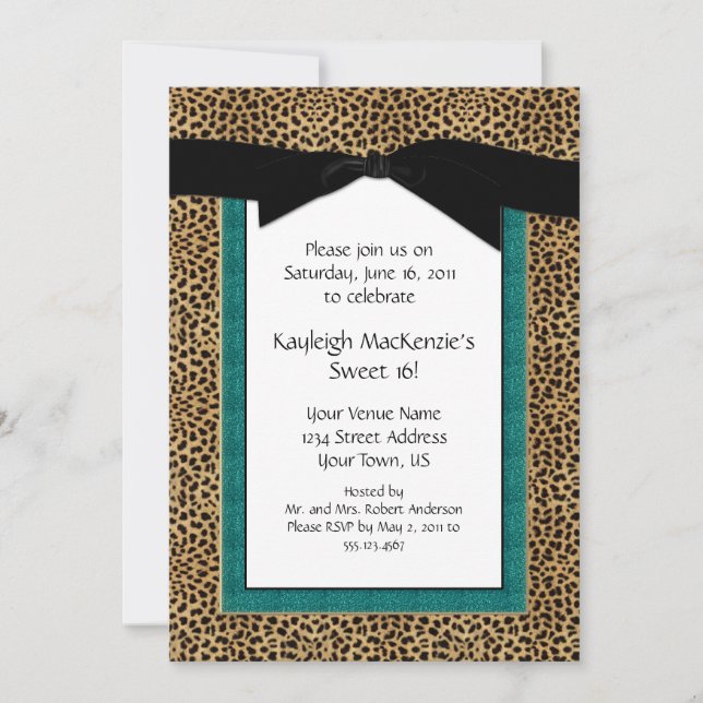 Leopard Print and Turquoise Sweet 16 Invitation (Front)