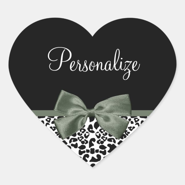 Leopard Print Animal Pattern Dark Green Bow Heart Sticker (Front)