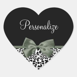 Leopard Print Animal Pattern Dark Green Bow Heart Sticker