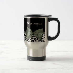 Leopard Print Animal Pattern Dark Green Bow Travel Mug