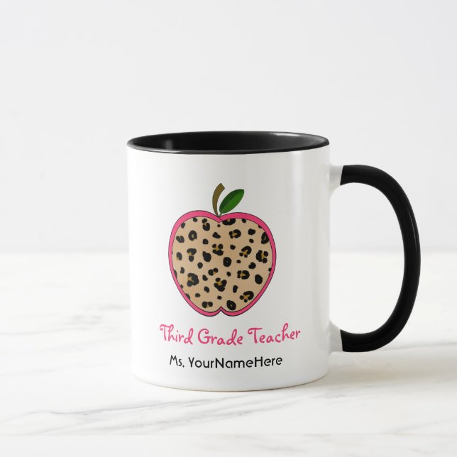 Leopard Print Apple Third Grade Teacher Mug (Right)