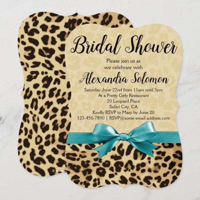 Leopard Print Aqua Blue Bow Bridal Shower Invitation (Front/Back)